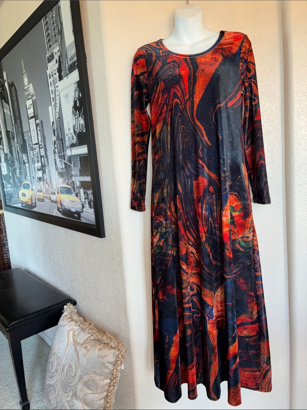 Soft Surroundings maxi dress women's PXS Red/Black Marble-Print cozy velour. Euc - Picture 3 of 16